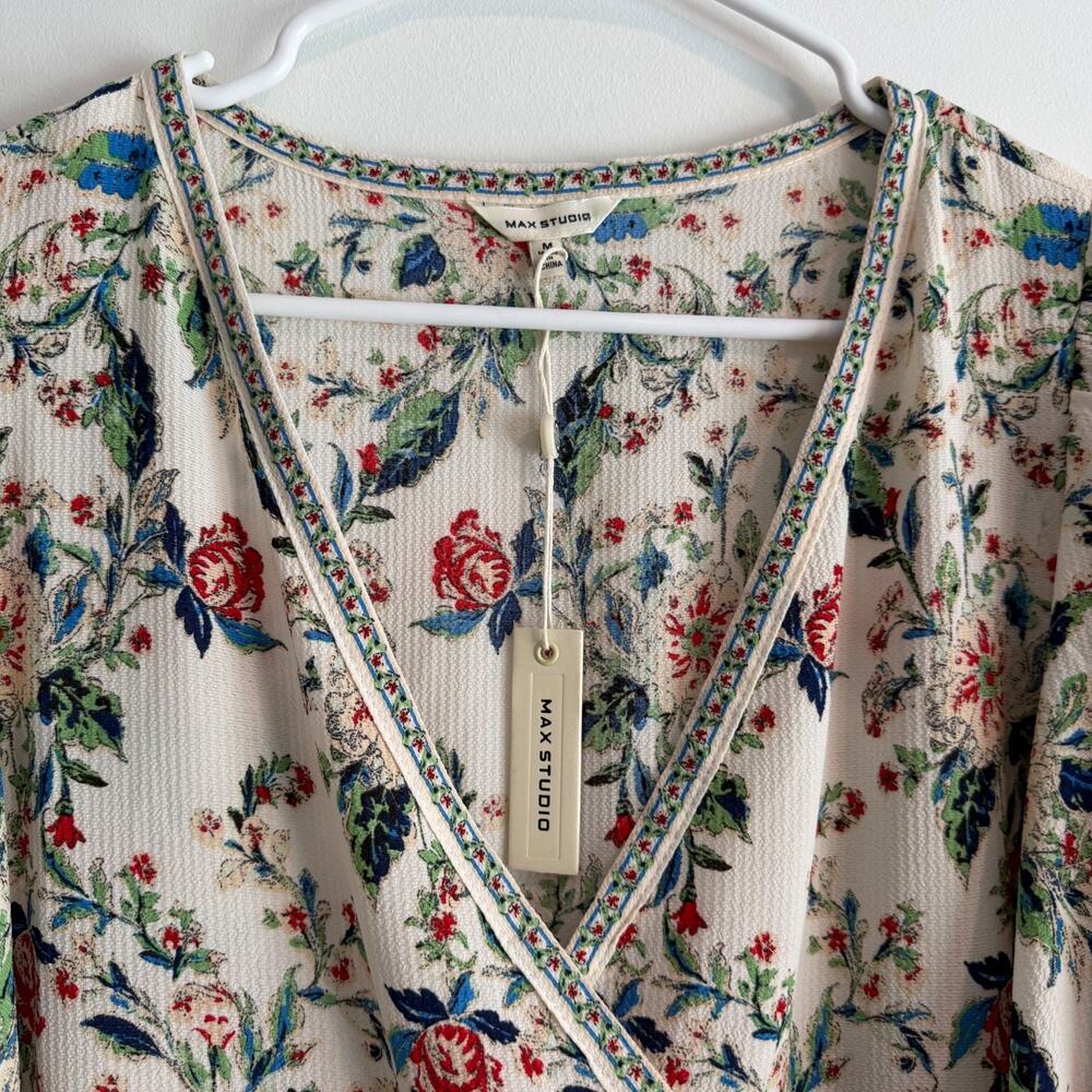 Max Studio Floral Maxi Dress Faux Wrap Women's Medium Balloon Sleeve Boho V-Neck - Picture 5 of 10